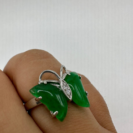 Vintage Silver Ring | Emerald Green Jade Gemstone Butterfly Lucky Cocktail Ring | Silver Bronze Setting Size 7 and 8 | Unique Style Ring
