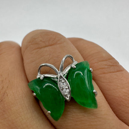 Vintage Silver Ring | Emerald Green Jade Gemstone Butterfly Lucky Cocktail Ring | Silver Bronze Setting Size 7 and 8 | Unique Style Ring
