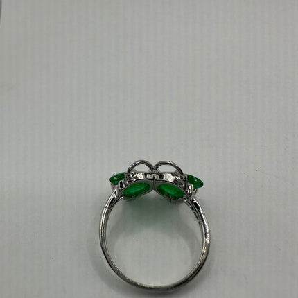 Vintage Silver Ring | Emerald Green Jade Gemstone Butterfly Lucky Cocktail Ring | Silver Bronze Setting Size 7 and 8 | Unique Style Ring