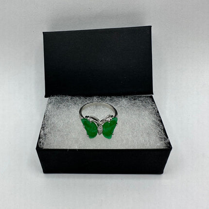 Vintage Silver Ring | Emerald Green Jade Gemstone Butterfly Lucky Cocktail Ring | Silver Bronze Setting Size 7 and 8 | Unique Style Ring