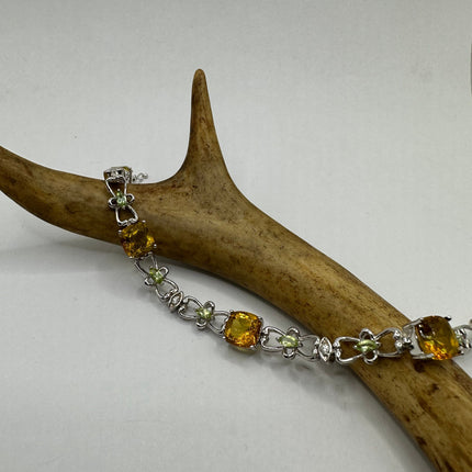 Vintage Silver Tennis Bracelet | Peridot, Citrine and Cubic Zirconia Multi Gemstone | 925 Sterling Silver Unique Colorful Tennis Bracelet