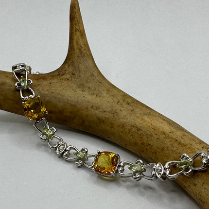Vintage Silver Tennis Bracelet | Peridot, Citrine and Cubic Zirconia Multi Gemstone | 925 Sterling Silver Unique Colorful Tennis Bracelet