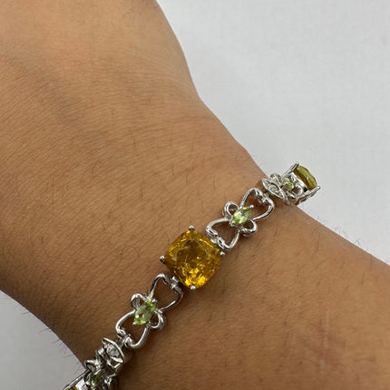 Vintage Silver Tennis Bracelet | Peridot, Citrine and Cubic Zirconia Multi Gemstone | 925 Sterling Silver Unique Colorful Tennis Bracelet