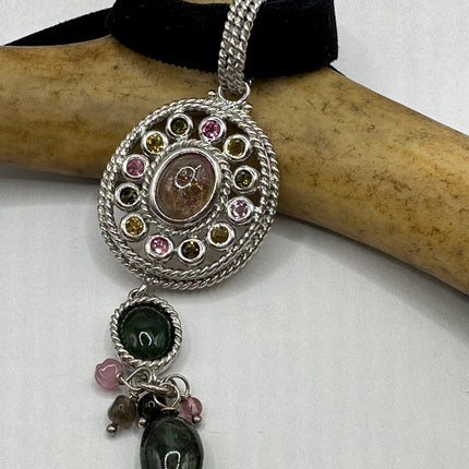 Vintage Watermelon Tourmaline Pendant Ribbon Choker Necklace | 925 Sterling Silver Necklace