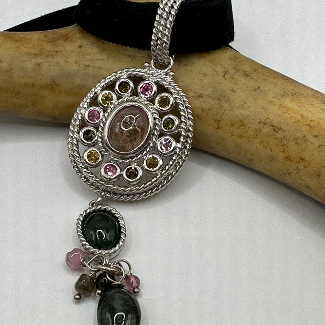 Vintage Watermelon Tourmaline Pendant Ribbon Choker Necklace | 925 Sterling Silver Necklace