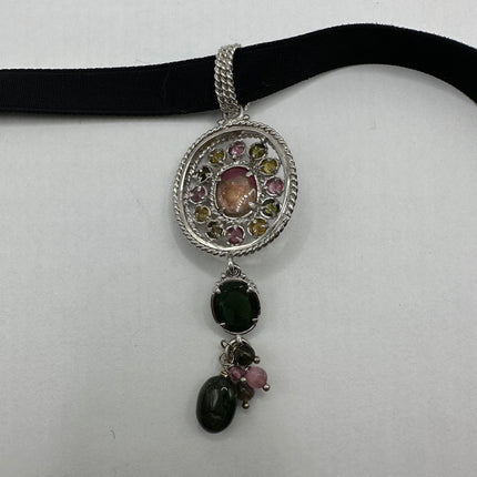 Vintage Watermelon Tourmaline Pendant Ribbon Choker Necklace | 925 Sterling Silver Necklace