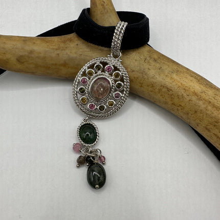 Vintage Watermelon Tourmaline Pendant Ribbon Choker Necklace | 925 Sterling Silver Necklace
