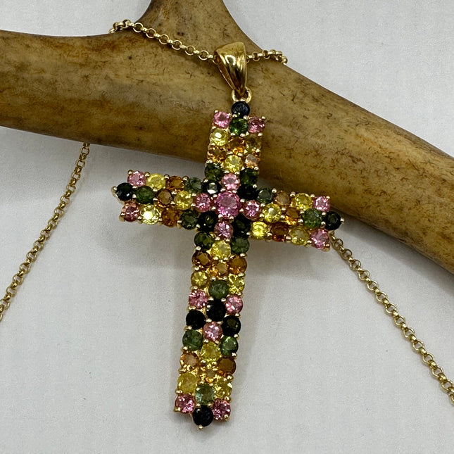 Vintage Watermelon Tourmaline Cross Golden 925 Sterling Silver Necklace