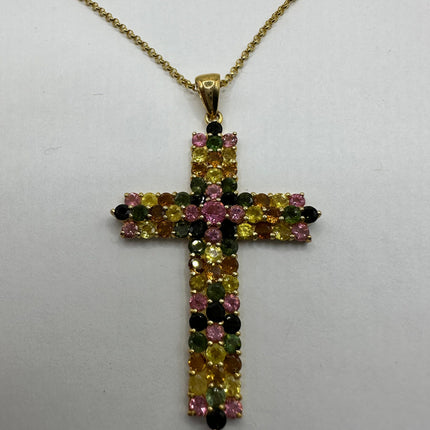 Vintage Watermelon Tourmaline Cross Golden 925 Sterling Silver Necklace