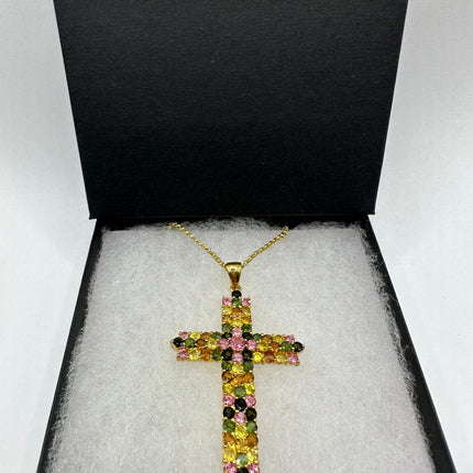Vintage Watermelon Tourmaline Cross Golden 925 Sterling Silver Necklace