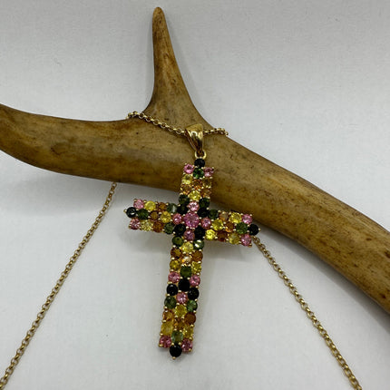Vintage Watermelon Tourmaline Cross Golden 925 Sterling Silver Necklace
