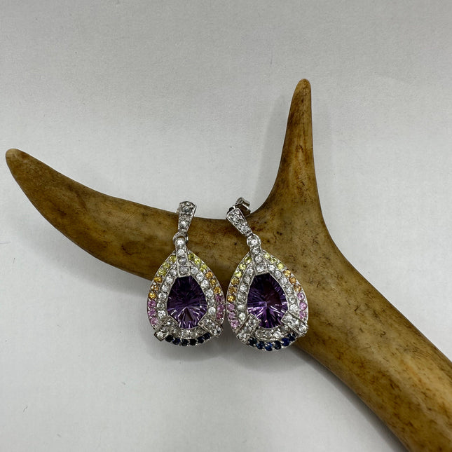 Vintage Silver Earrings | Purple Amethyst Citrine Tourmaline Sapphire Gemstone | 925 Sterling Silver Dangle Drop Chandelier Earrings