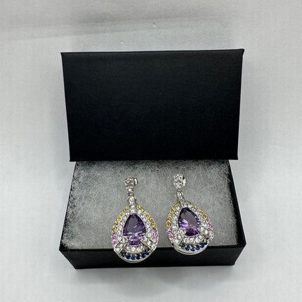 Vintage Silver Earrings | Purple Amethyst Citrine Tourmaline Sapphire Gemstone | 925 Sterling Silver Dangle Drop Chandelier Earrings