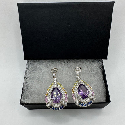 Vintage Silver Earrings | Purple Amethyst Citrine Tourmaline Sapphire Gemstone | 925 Sterling Silver Dangle Drop Chandelier Earrings