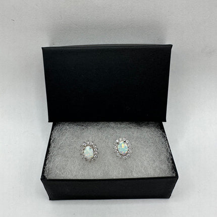 Vintage Silver Earrings | Tiny White Fire Opal Clear Crystal Diamond Stud Button Earrings | 925 Sterling Silver