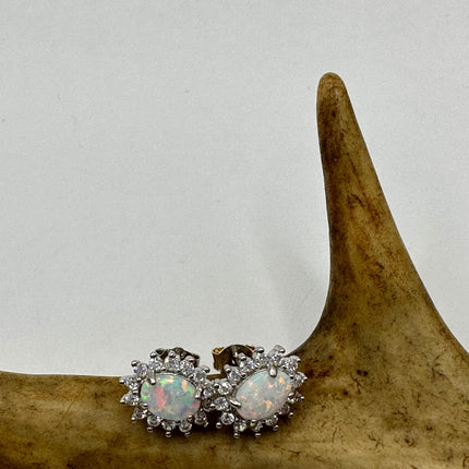 Vintage Silver Earrings | Tiny White Fire Opal Clear Crystal Diamond Stud Button Earrings | 925 Sterling Silver