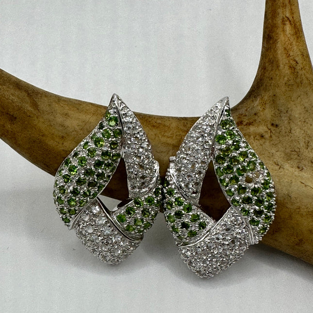 Vintage Silver Earrings | Emerald Green Chrome Diopside White Sapphire Gemstone Stud Button Deco Earrings | 925 Sterling Silver