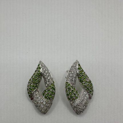 Vintage Silver Earrings | Emerald Green Chrome Diopside White Sapphire Gemstone Stud Button Deco Earrings | 925 Sterling Silver