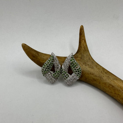 Vintage Silver Earrings | Emerald Green Chrome Diopside White Sapphire Gemstone Stud Button Deco Earrings | 925 Sterling Silver