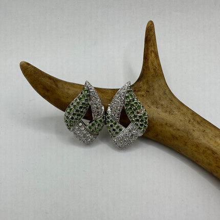 Vintage Silver Earrings | Emerald Green Chrome Diopside White Sapphire Gemstone Stud Button Deco Earrings | 925 Sterling Silver