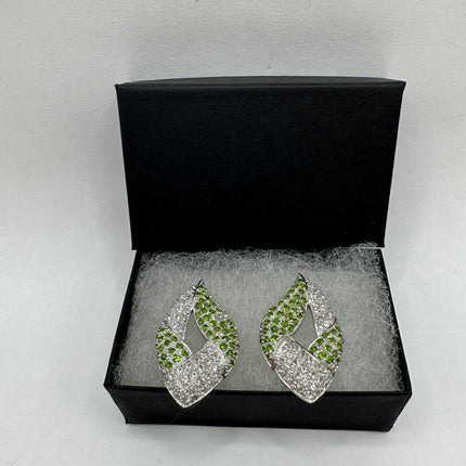 Vintage Silver Earrings | Emerald Green Chrome Diopside White Sapphire Gemstone Stud Button Deco Earrings | 925 Sterling Silver