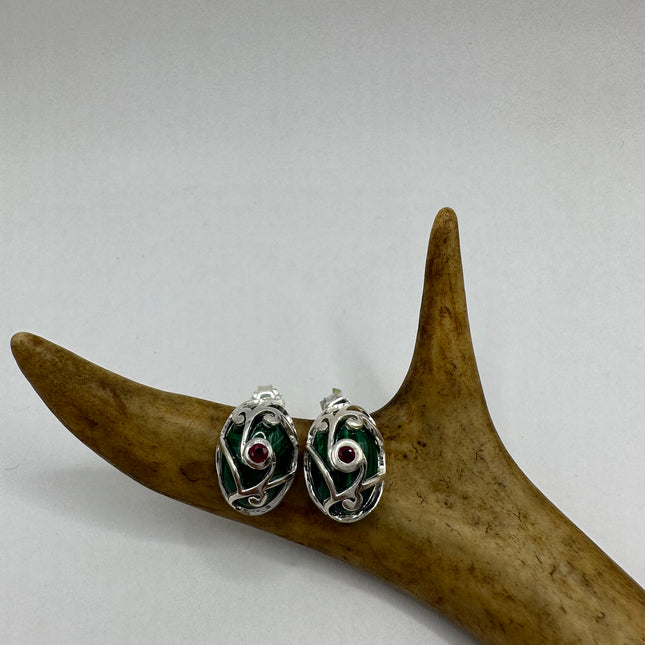 Vintage Silver Earrings | Green Malachite Red Ruby Gemstone Deco Stud Button Earrings | 925 Sterling Silver
