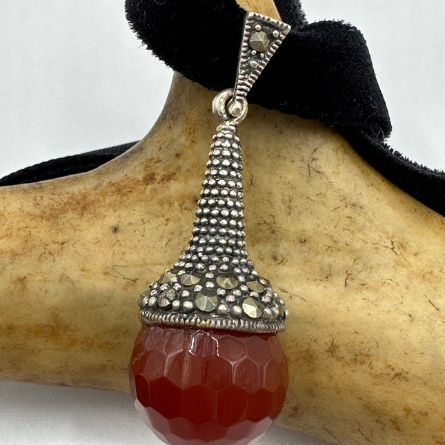 Vintage Red Carnelian Marcasite Pendant Ribbon Choker Necklace | 925 Sterling Silver Necklace
