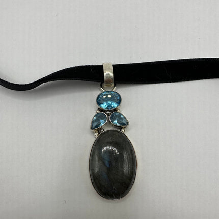 Vintage Labradorite Pendant Ribbon Choker Necklace | 925 Sterling Silver Necklace