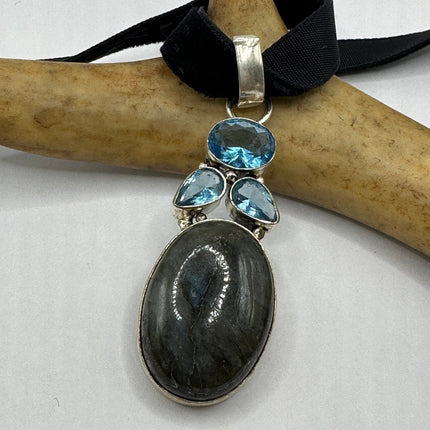 Vintage Labradorite Pendant Ribbon Choker Necklace | 925 Sterling Silver Necklace