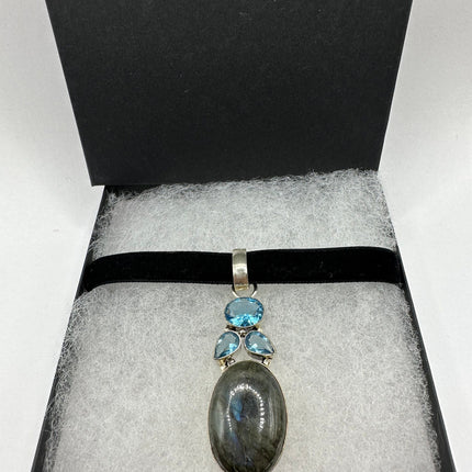 Vintage Labradorite Pendant Ribbon Choker Necklace | 925 Sterling Silver Necklace