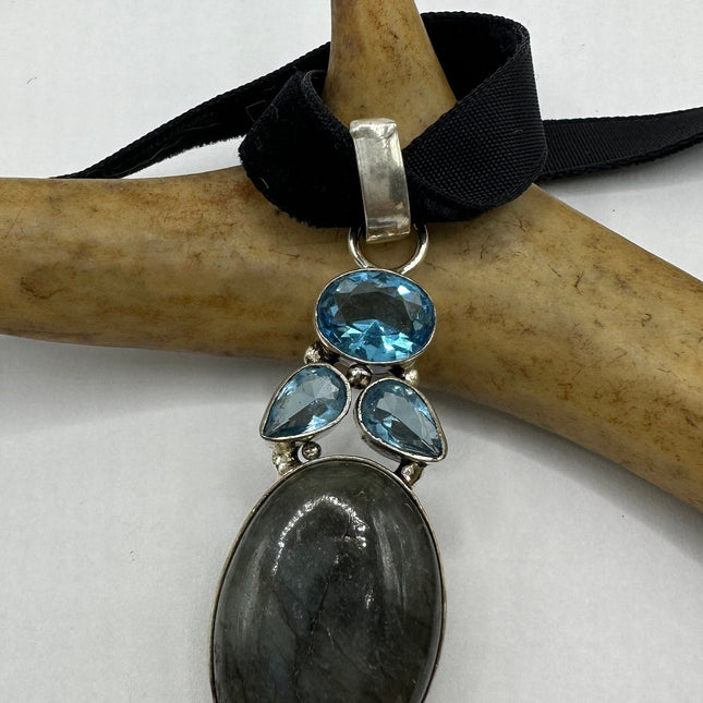 Vintage Labradorite Pendant Ribbon Choker Necklace | 925 Sterling Silver Necklace
