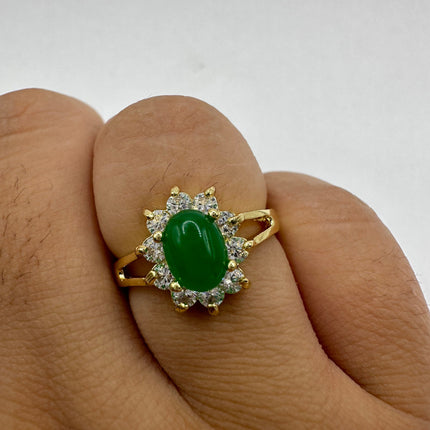 Vintage Gold Jade Ring | Green Gemstone Clear Crystal Diamond Lucky Jade | Golden Bronze Cocktail Ring