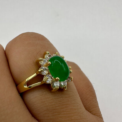 Vintage Gold Jade Ring | Green Gemstone Clear Crystal Diamond Lucky Jade | Golden Bronze Cocktail Ring