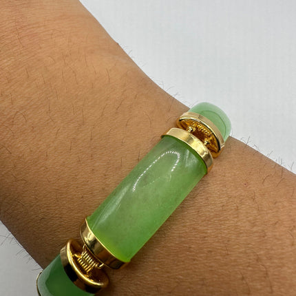 Vintage Gold Jade Bracelet | Green Aventurine Fun Jade Gemstone Lucky Bar Link | Golden Bronze Stackable Bracelet For Him or Her