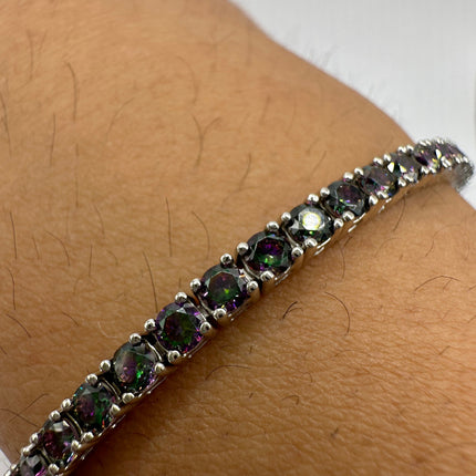 Vintage Silver Tennis Bracelet | Mystic Blue Topaz Gemstone Tiny Crystal Birthstone 925 Sterling Silver Box Bracelet | Something Blue
