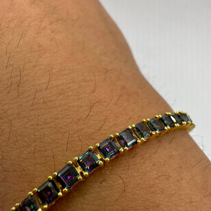 Vintage Gold Tennis Bracelet | Mystic Blue Topaz Gemstone Dainty Box Chain | Golden 925 Sterling Silver Everyday Wedding | Something Blue