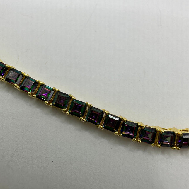Vintage Gold Tennis Bracelet | Mystic Blue Topaz Gemstone Dainty Box Chain | Golden 925 Sterling Silver Everyday Wedding | Something Blue