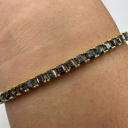 Vintage Gold Tennis Bracelet | Mystic Blue Topaz Gemstone Dainty Box Chain | Golden 925 Sterling Silver Everyday Wedding | Something Blue