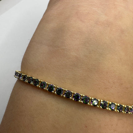 Vintage Gold Tennis Bracelet | Mystic Blue Topaz Gemstone Tiny Crystal Birthstone Golden 925 Sterling Silver Bracelet | Something Blue