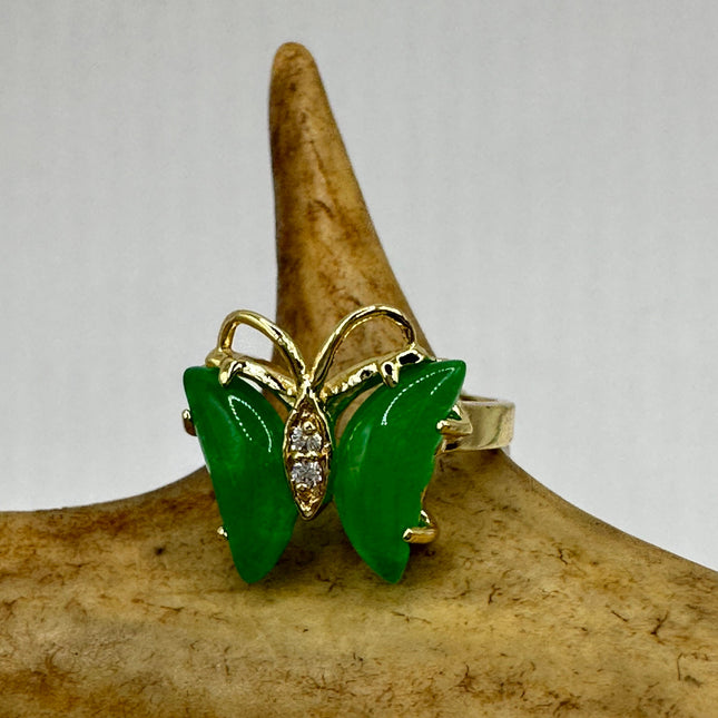 Vintage Gold Green Jade Butterfly Lucky Cocktail Ring