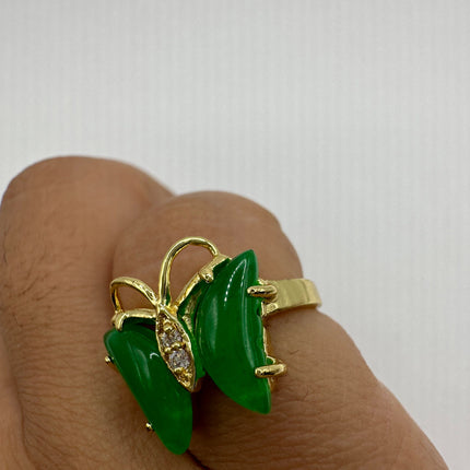 Vintage Gold Green Jade Butterfly Lucky Cocktail Ring