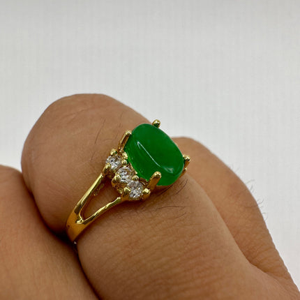 Vintage Gold Jade Ring | Small Emerald Green Fun Jade Lucky Gemstone Clear Crystal Diamond | Bronze Setting Wedding Cocktail Statement Ring