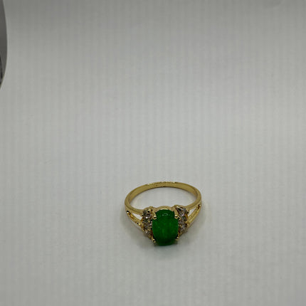 Vintage Gold Jade Ring | Small Emerald Green Fun Jade Lucky Gemstone Clear Crystal Diamond | Bronze Setting Wedding Cocktail Statement Ring