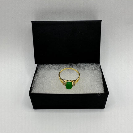 Vintage Gold Jade Ring | Small Emerald Green Fun Jade Lucky Gemstone Clear Crystal Diamond | Bronze Setting Wedding Cocktail Statement Ring