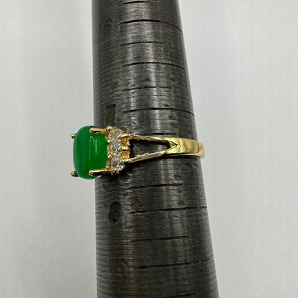 Vintage Gold Jade Ring | Small Emerald Green Fun Jade Lucky Gemstone Clear Crystal Diamond | Bronze Setting Wedding Cocktail Statement Ring