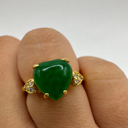 Vintage Gold Jade Ring | Green Gemstone Jade Crystal Birthstone Lucky Cocktail Ring | Golden Bronze Gold Ring
