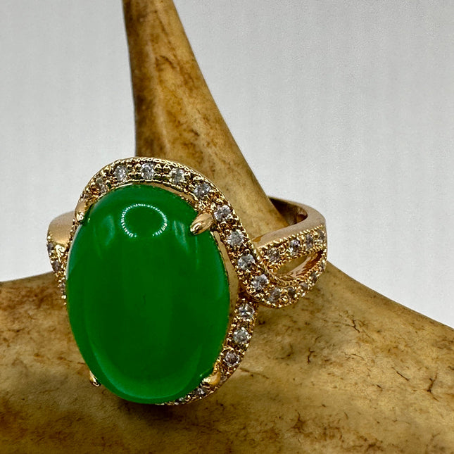 Vintage Green Jade Lucky Cocktail Ring Bronze Setting Hand Refinished adjustable