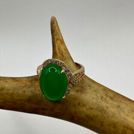 Vintage Green Jade Lucky Cocktail Ring Bronze Setting Hand Refinished adjustable
