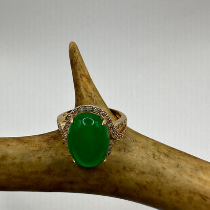 Vintage Green Jade Lucky Cocktail Ring Bronze Setting Hand Refinished adjustable