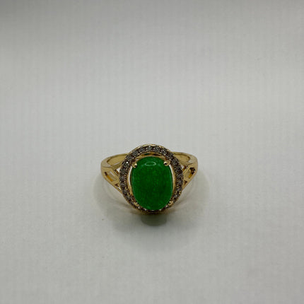 Vintage Gold Green Jade Lucky Cocktail Ring - oval shape, antique design, diamond look